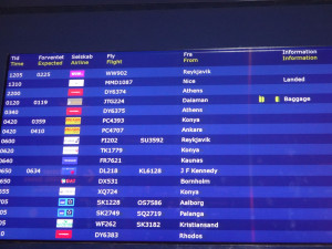 The Copenhagen airport sign shows expectations for WOW's arrive but they stopped listing an arrival time after several hours.