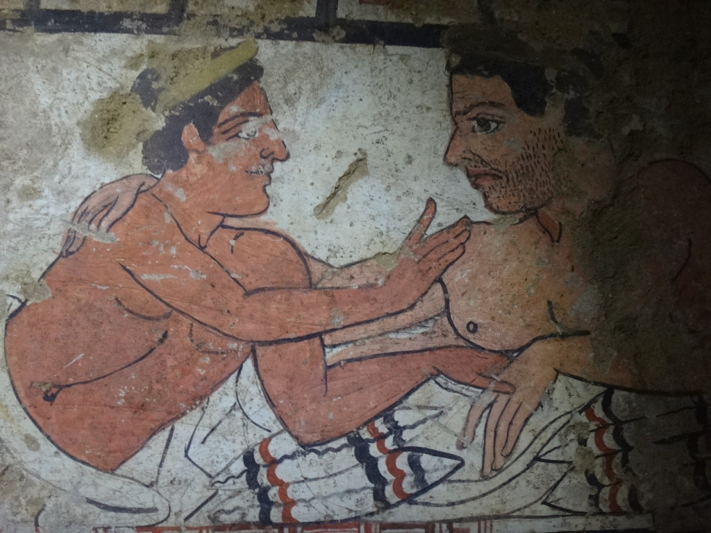 Two reclining male figures on a kline (a banquet reclincer). Perhaps a father and son reuniting in the afterlife? Museo Civico Archeologico di Sarteano