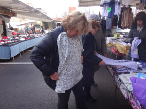 My sister Terry checks out pajamas at the Marsciano Market.