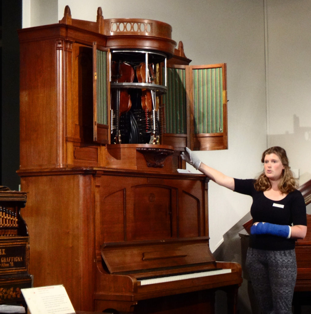 This machine was a highlight of a world's fair in the mid-1800's. It played the visible piano and violins with drums buried deep in the casing. Visitors actually thought children might be inside the box playing the instrument.